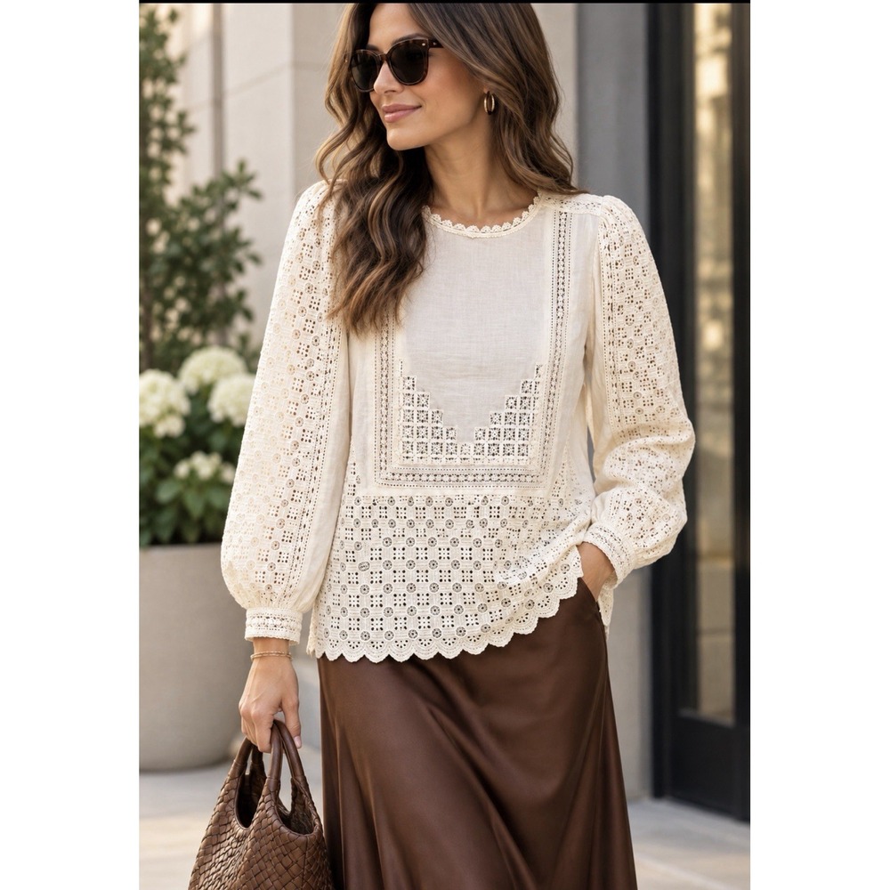 Ulla Johnson Eyelet Lace Long Sleeve Top Women's 4 Ivory Boho Bib Scallop Hem